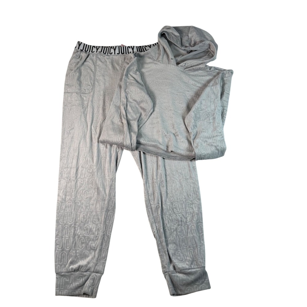 Juicy Couture Women's XL Gray Velour Embossed Logo Hoodie Jogger Set Y2K